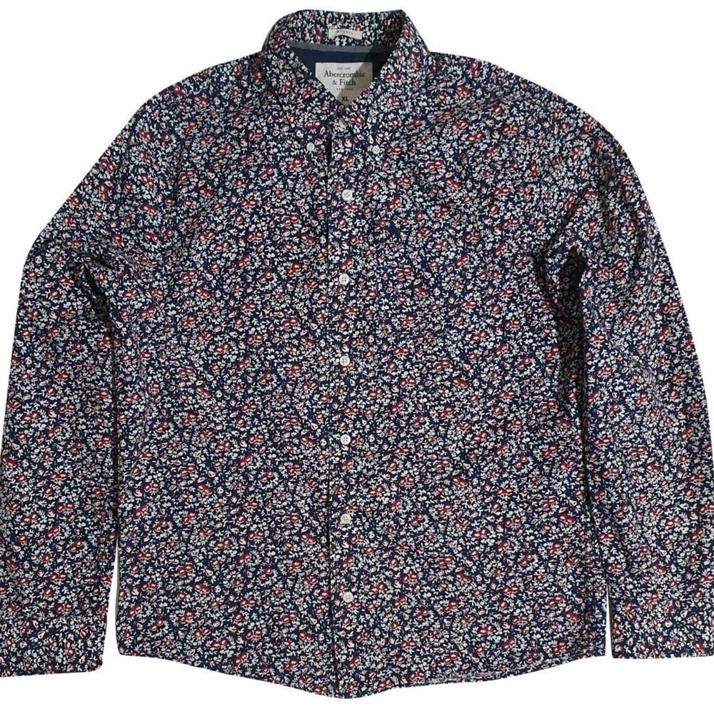 Abercrombie & Fitch, Men's Muscle Long-Sleeve Button-up, XL,Navy Blue,Red,White